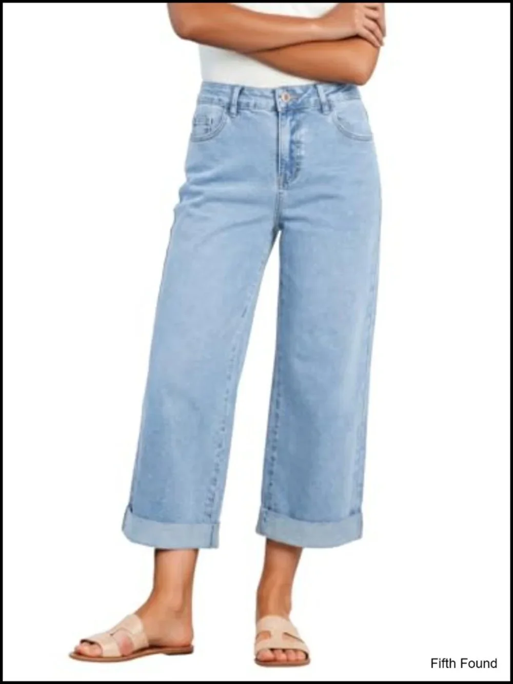 High Waisted Wide Leg Cropped Capri Jeans Rolled Hem Stretchy Denim Pants